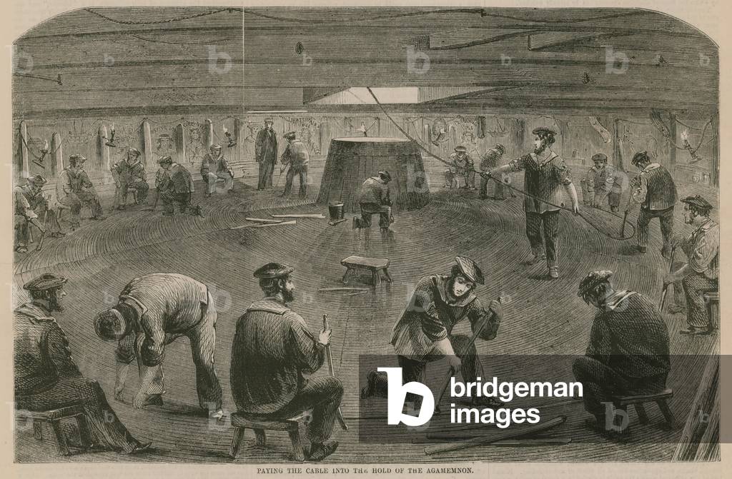 The Atlantic Cable; Paying the cable into the hold of the Agamemnon (engraving)