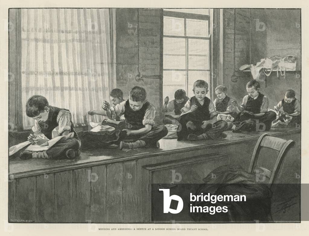Mending and amending: a sketch at a London School Board Truant School (engraving)
