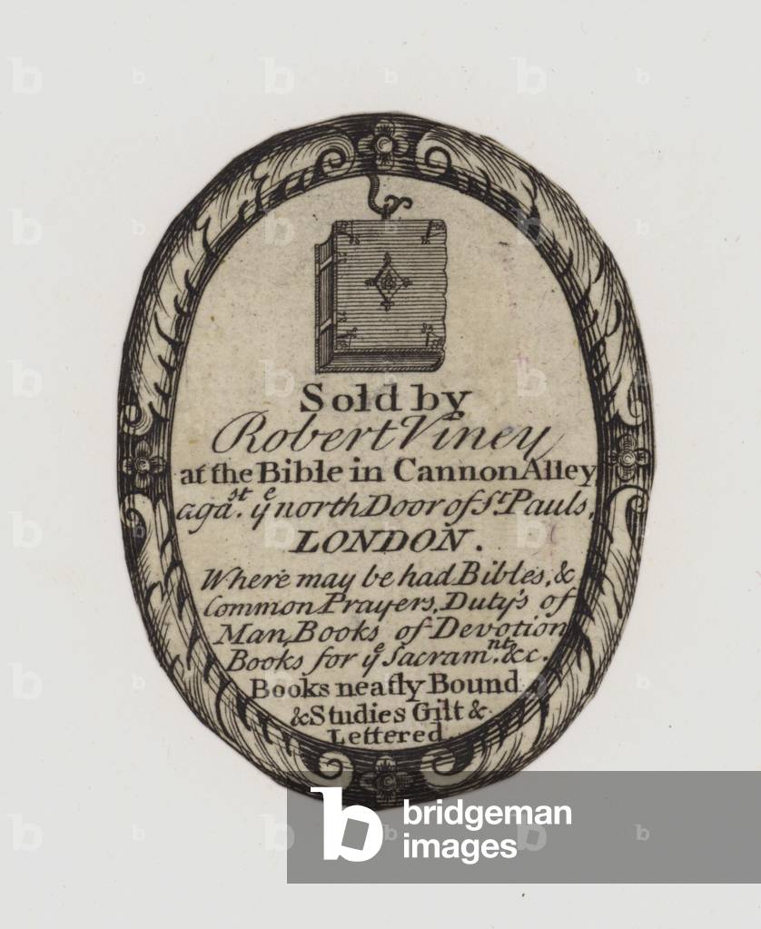 Booksellers, Robert Viney, trade card/label, 18th century (engraving)