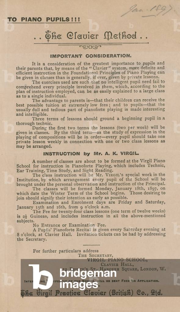 Advert for The Clavier Method of learning the piano (engraving)