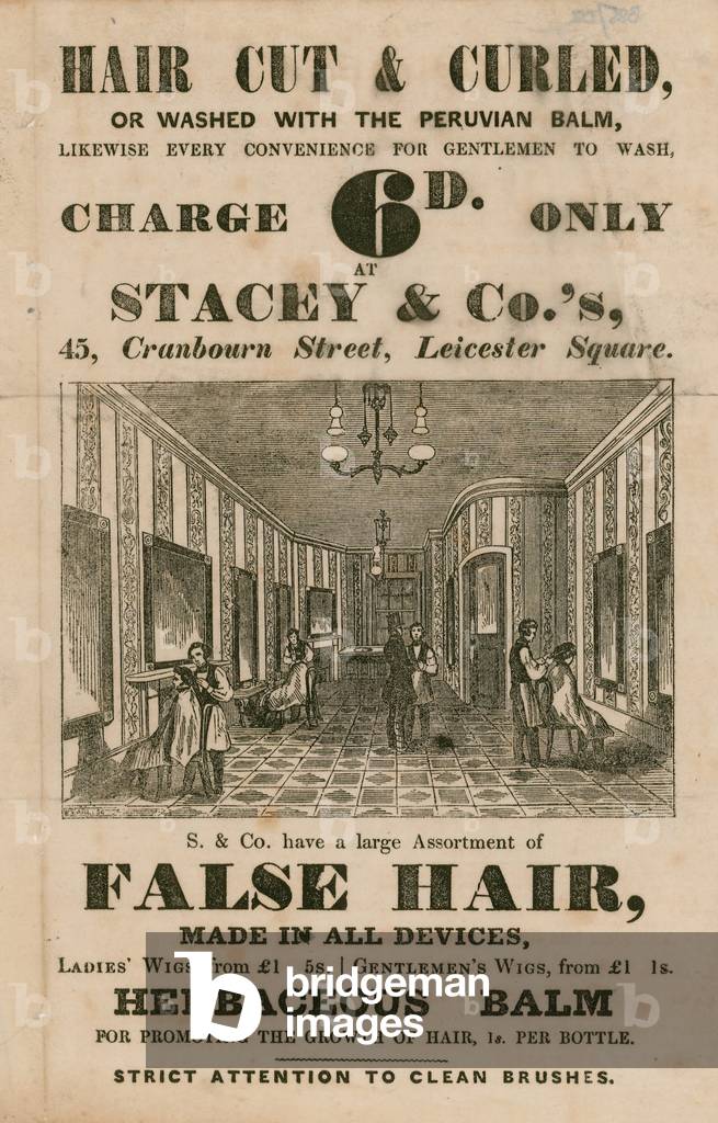 Advert for Stacey & Co.'s, 45 Cranbourne Street, Leicester Square, London, hair dressers (engraving)