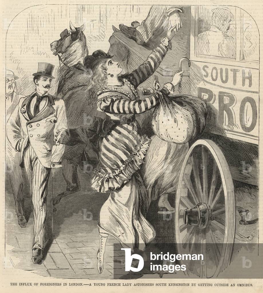 A young French lady astonishes South Kensington by getting outside an omnibus (engraving)