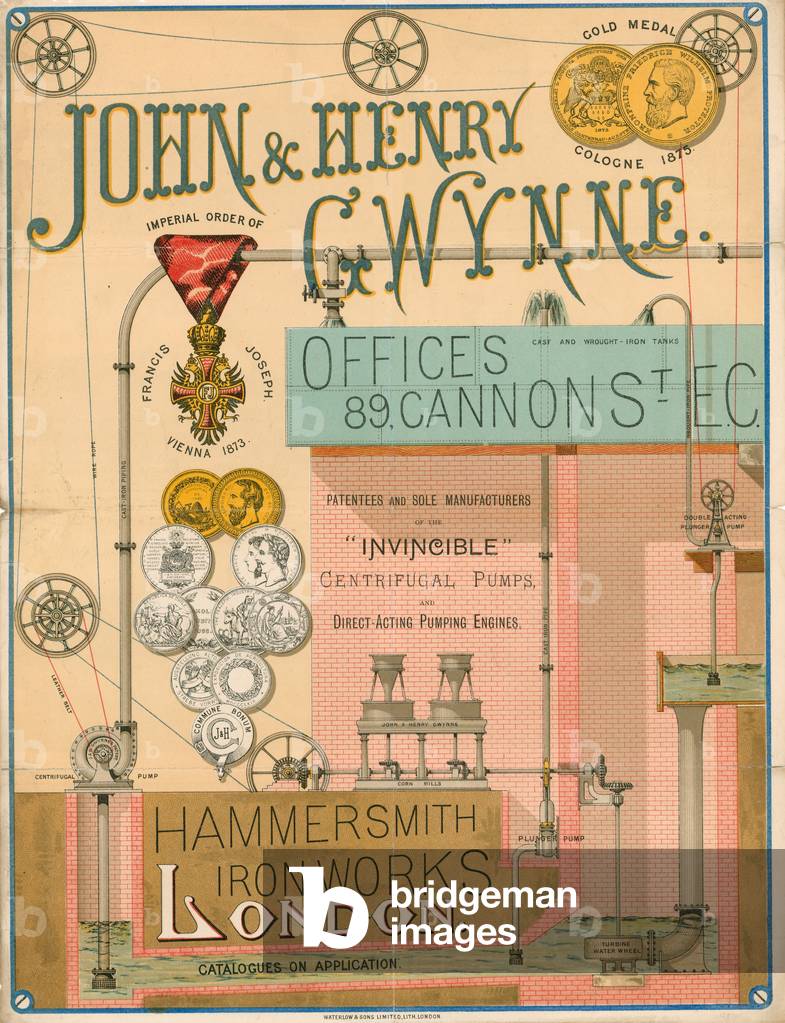 Advertisement for John and Henry Gwynne, 89 Cannon Street, London, manufacturer of the Invincible centrifugal pump (colour litho)