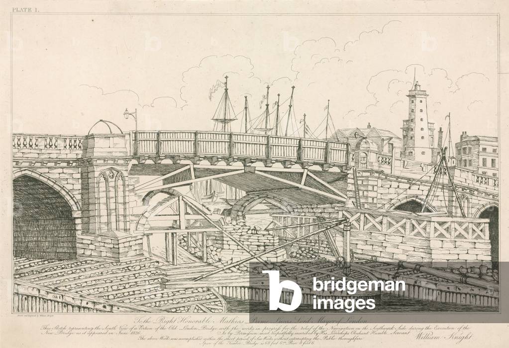 Portion of the Old London Bridge, drawn in 1826 during construction works (engraving)
