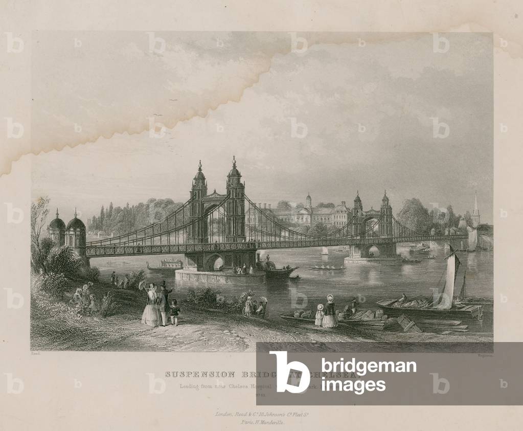 Suspension Bridge at Chelsea, leading near Chelsea Hospital to the New Park, Battersea (engraving)