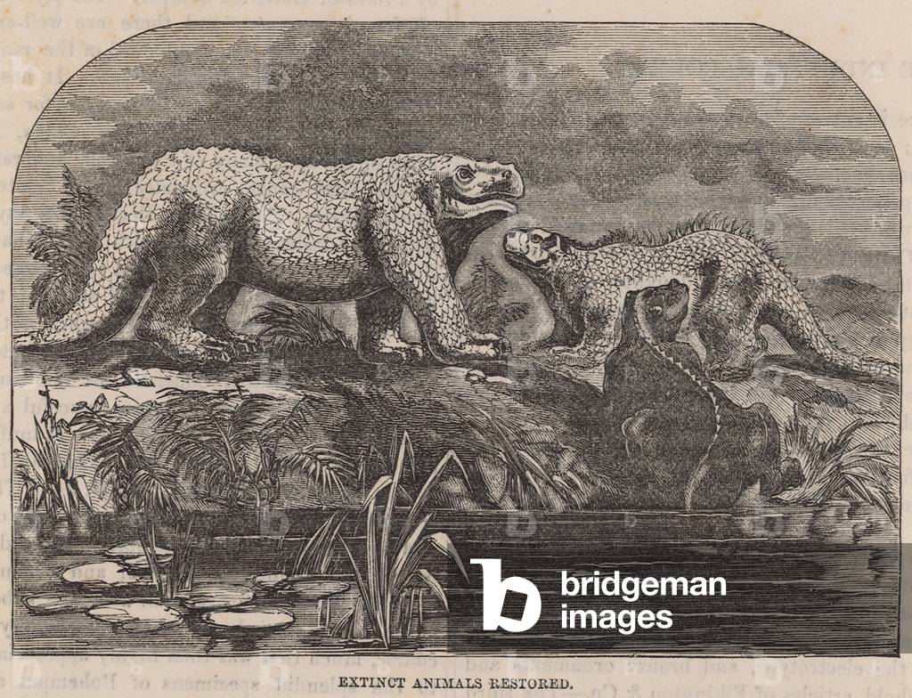 Extinct animals restored and displayed at Crystal Palace (engraving)