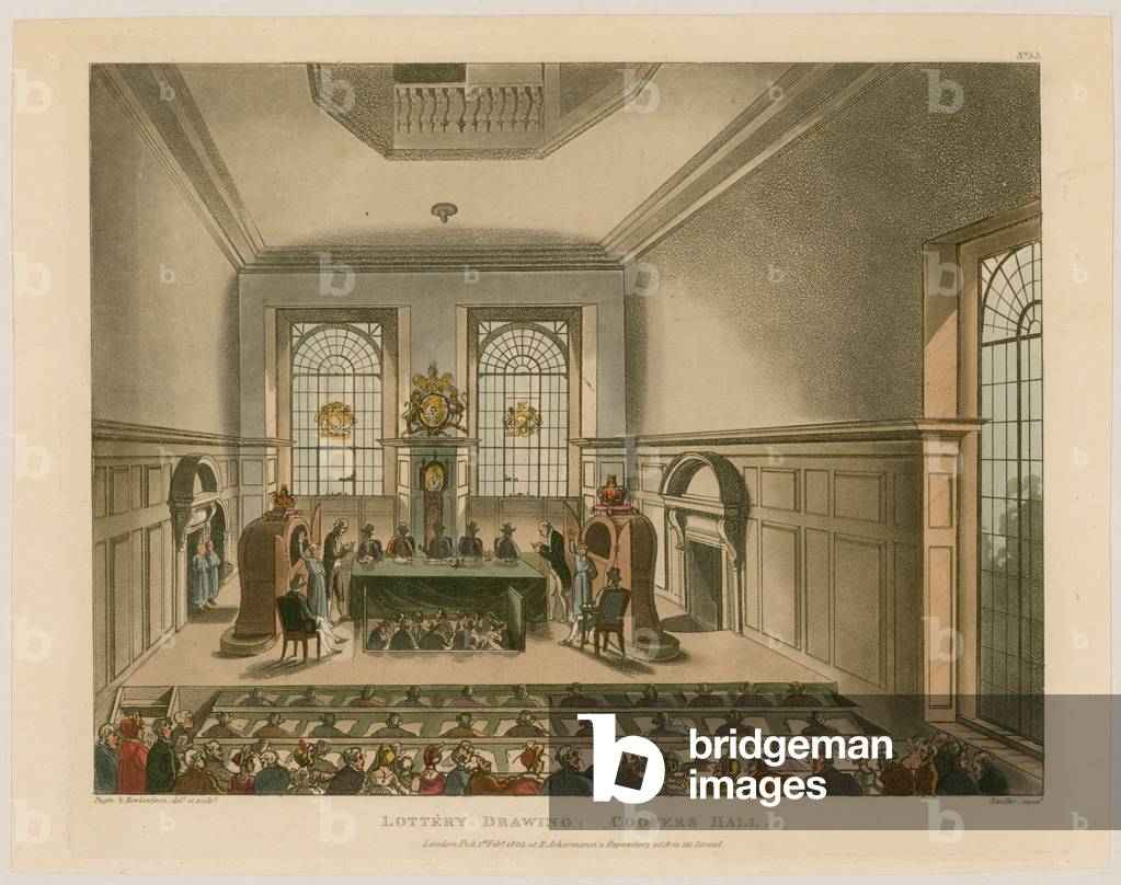 Lottery Drawing: Coopers Hall (coloured engraving)