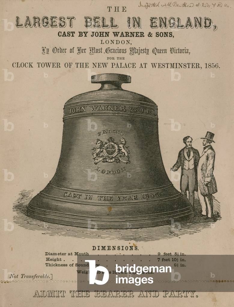 Ticket to see the great bell (Big Ben), for the Clock Tower at the new Palace of Westminster (engraving)