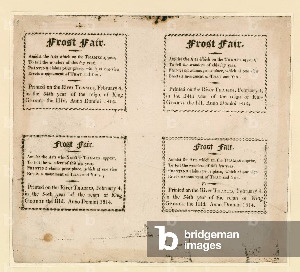 Frost Fair of 1814.  Souvenirs printed on the ice (engraving)