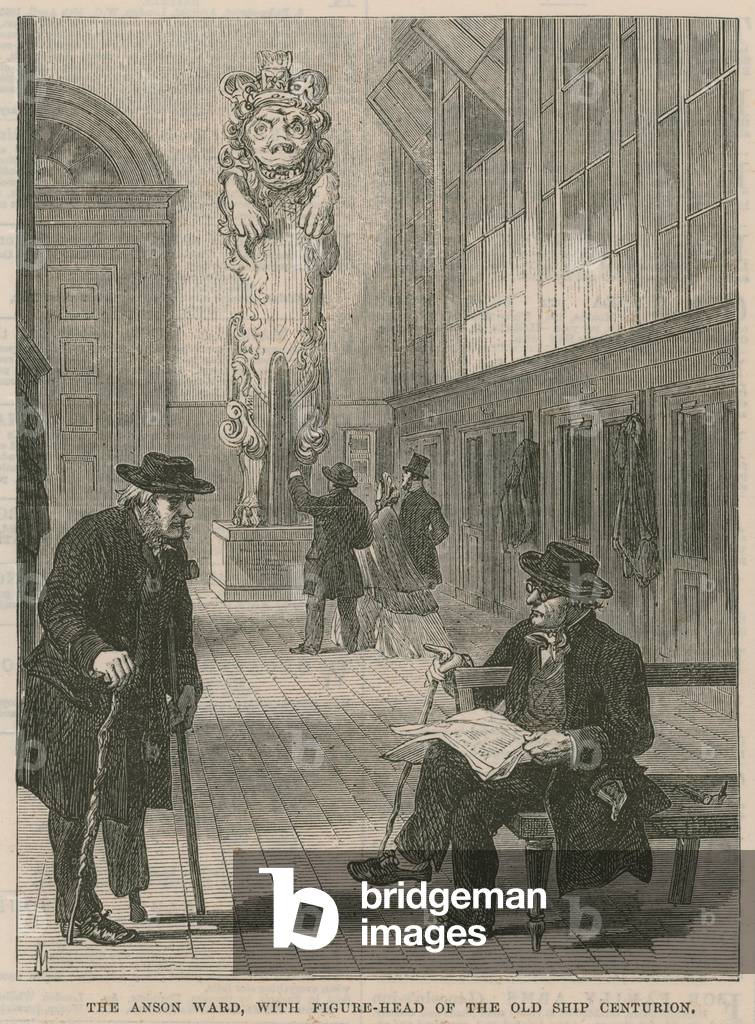 A visit to Greenwich Hospital; The Anson Ward, with figurehead of the old ship Centurion (engraving)