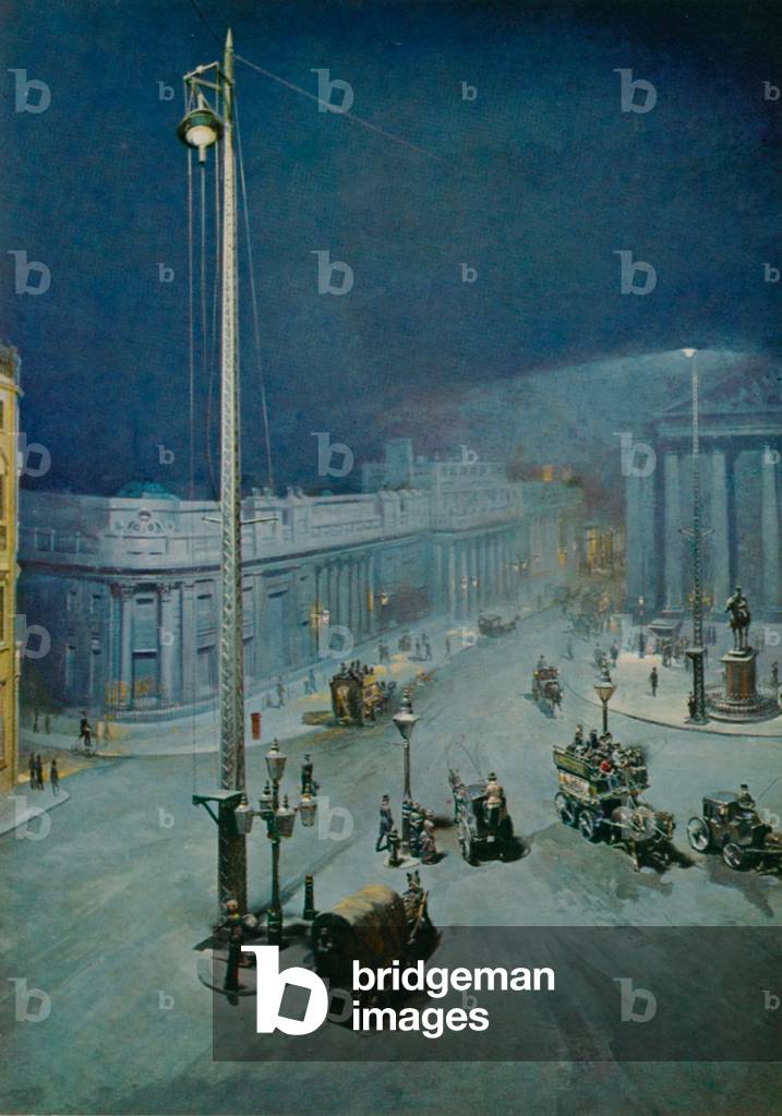 The electric light at the Mansion House, London (colour litho)