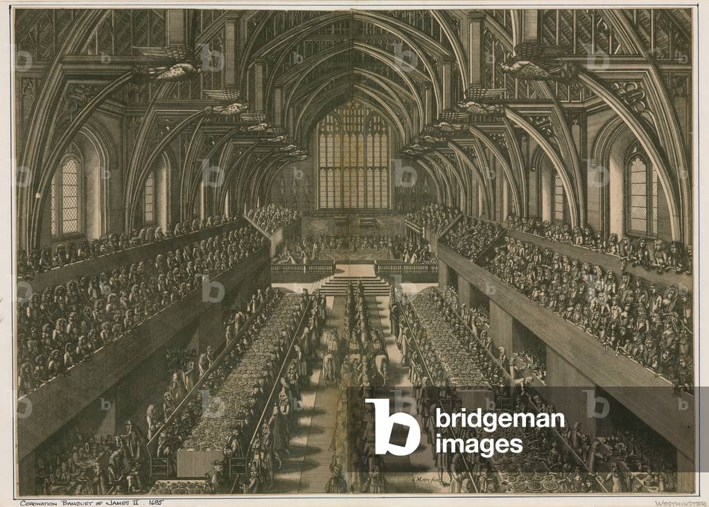 Coronation banquet of James II, 1685, at Westminster Hall, London (engraving)