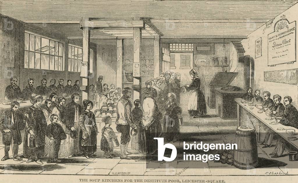 The soup kitchens for the destitute poor, Leicester Square, London (engraving)