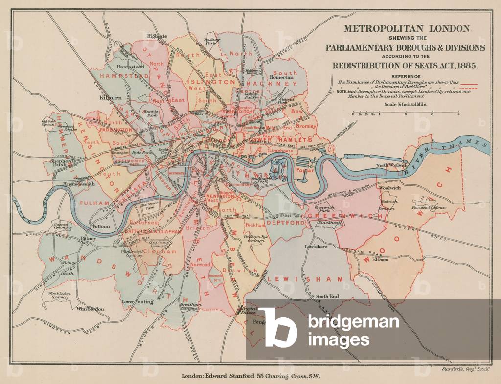 Map of Metropolitan London showing the Parliamentary Boroughs and Divisions, 1885 (coloured engraving)