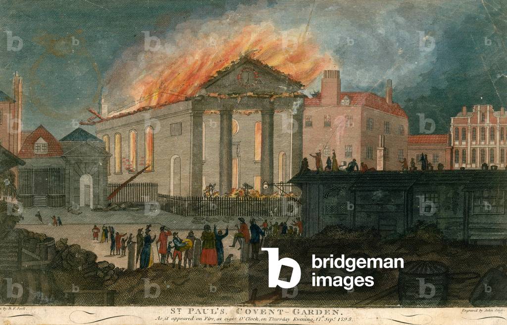 St Paul's Church, Covent Garden, London, as it appeared on fire at 8 o'clock on the evening of 17 September 1795 (coloured engraving)