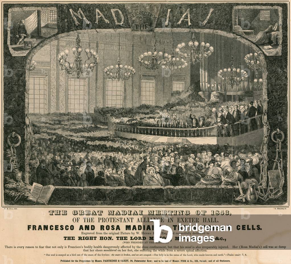 The great Madiai meeting of 1853 of the Protestant Alliance in Exeter Hall, London (engraving)