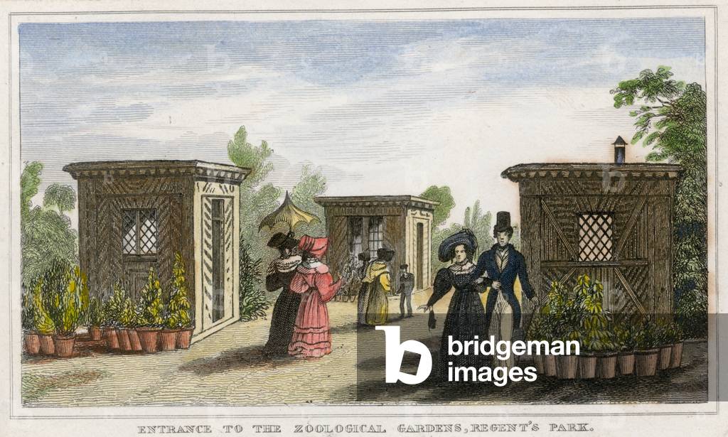 Entrance to the zoological gardens, Regent's Park (coloured engraving)