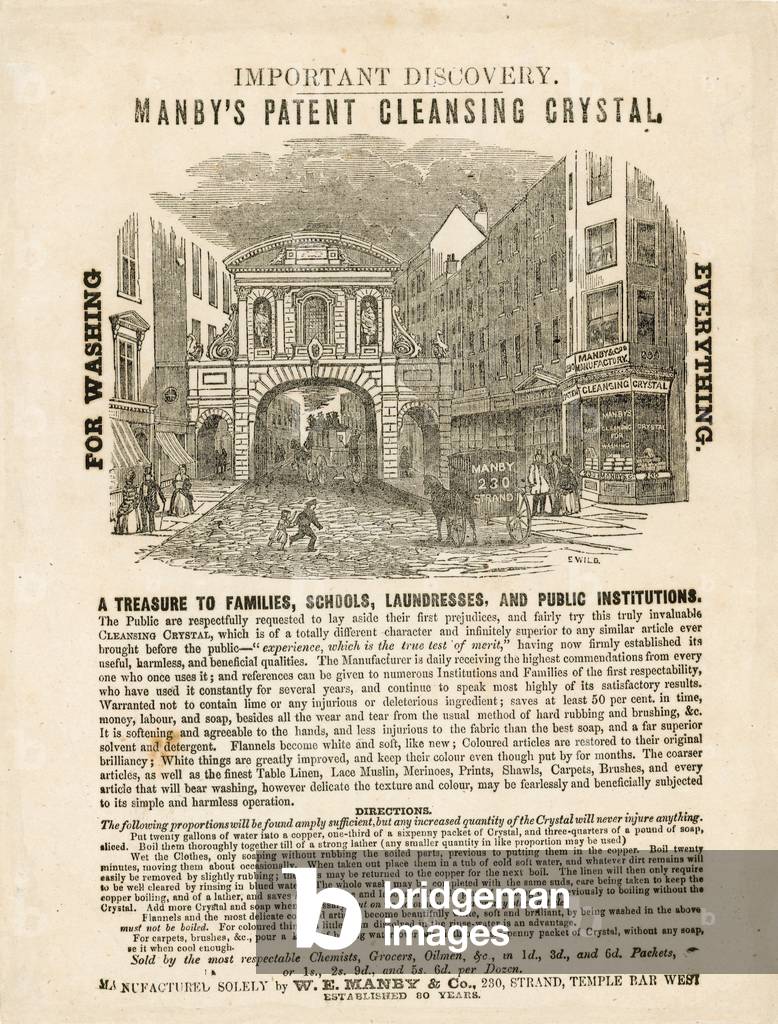 Temple Bar, London. Manby's Patent Cleansing Crystal Advertisement (engraving)