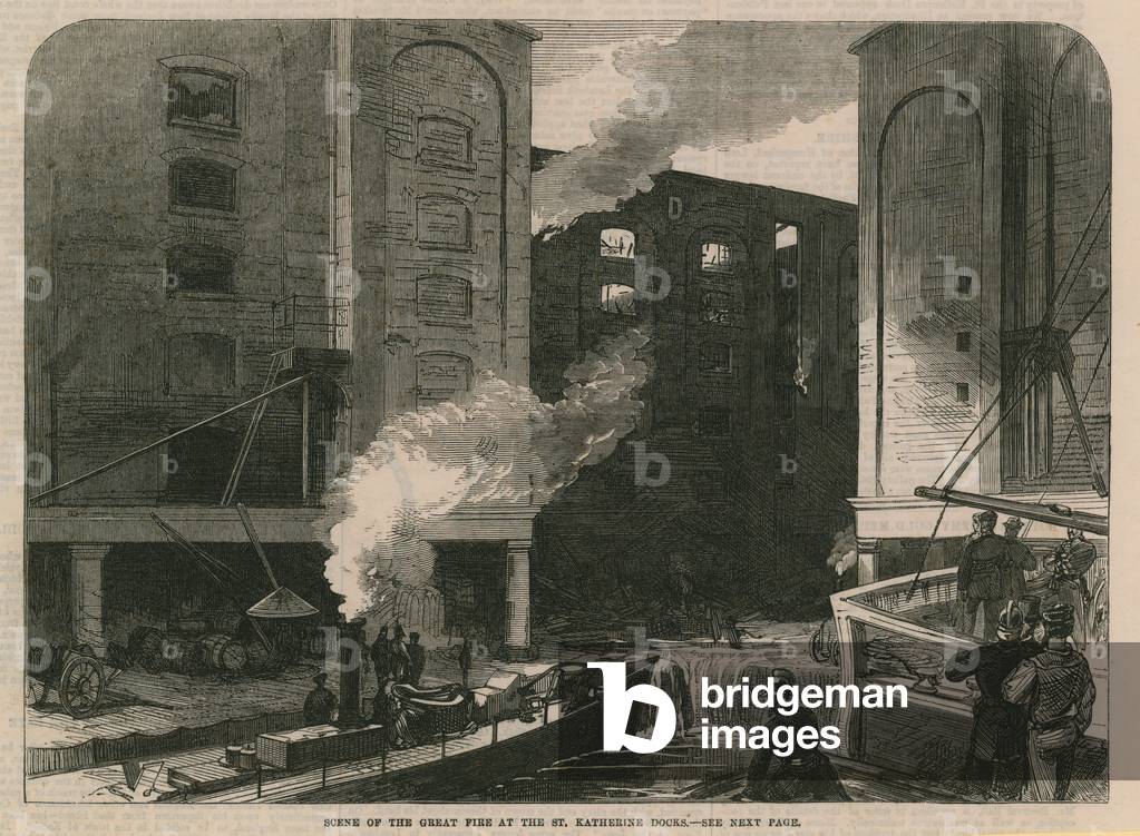 Scene of the great fire at the St Katherine Docks (engraving)
