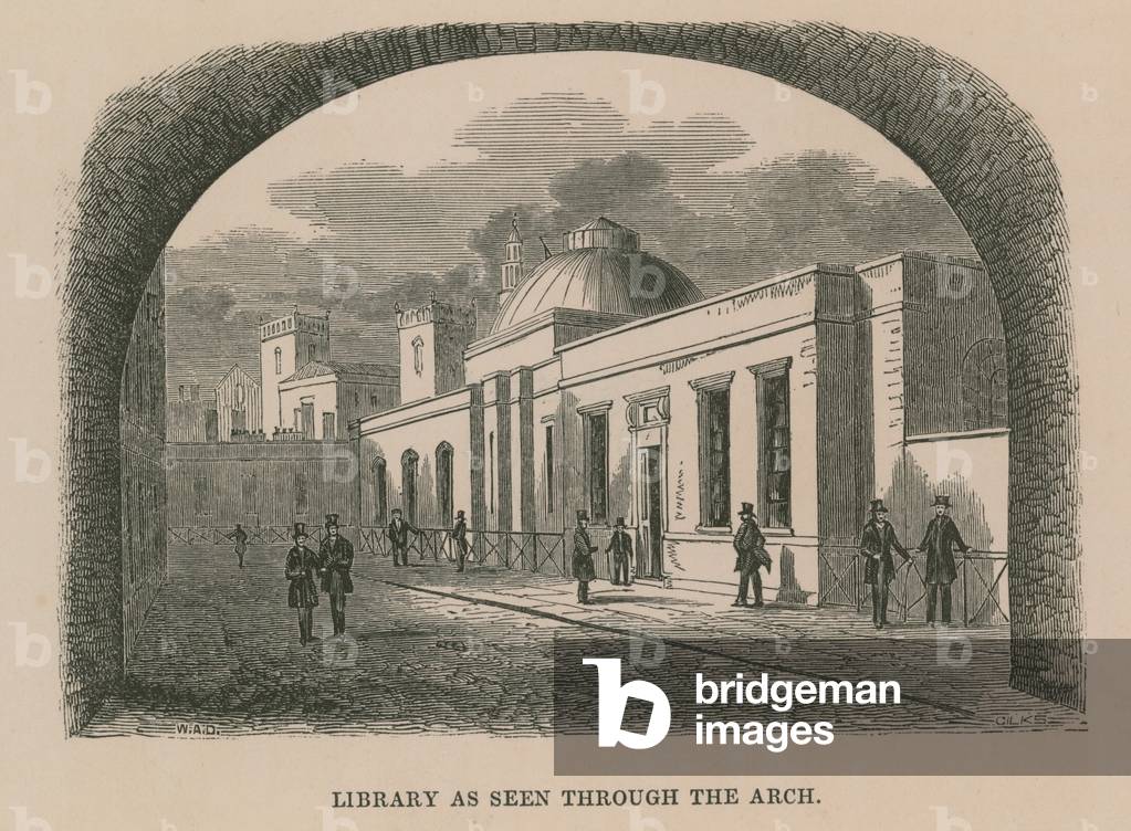 Library as seen through the arch (engraving)
