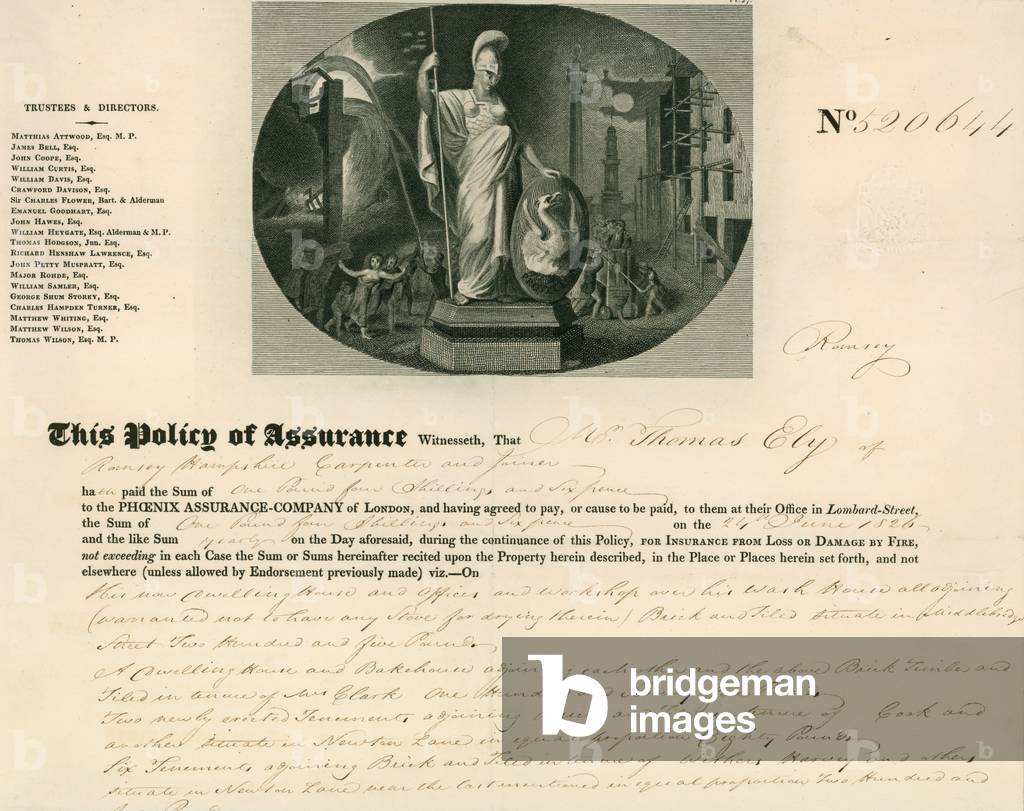 Insurance policy for the Phoenix Assurance Company, London (engraving)