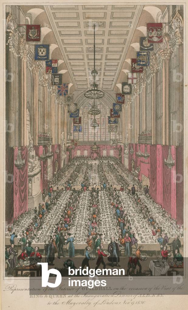 The interior of Guildhall on the occasion of the inauguration dinner of Alderman Key (coloured engraving)