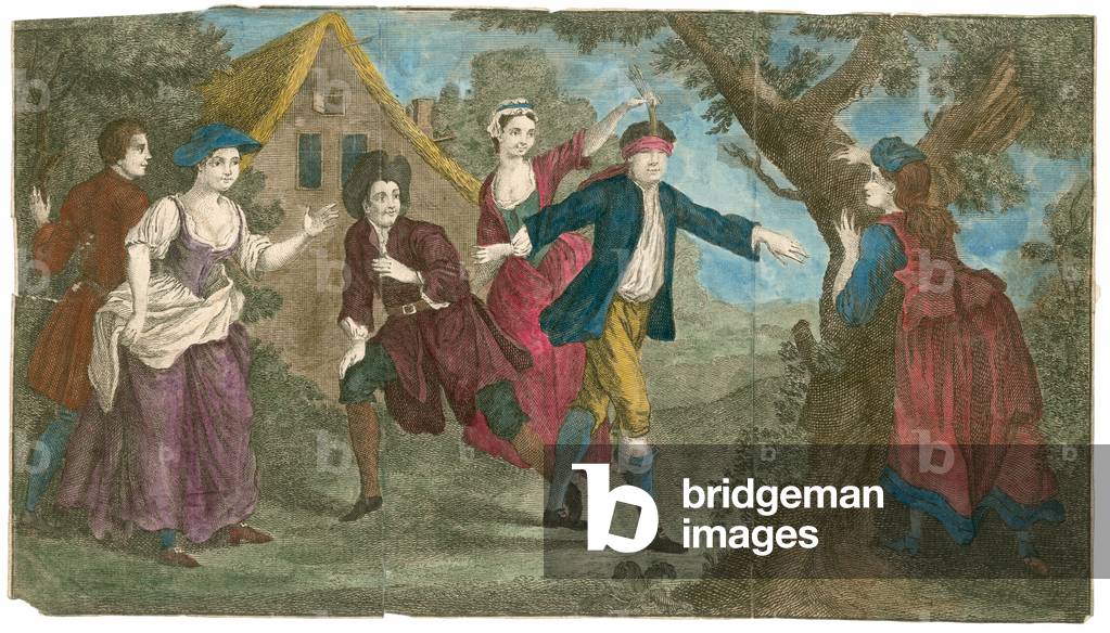 Playing blind man's buff (coloured engraving)