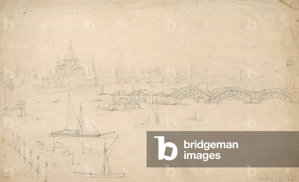 Construction of Waterloo Bridge, London (pencil on paper)