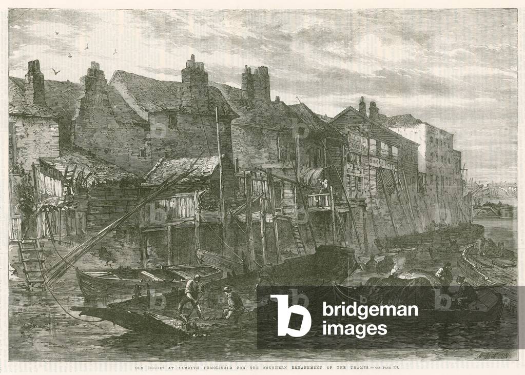 Old houses at Lambeth demolished for the southern embankment of the River Thames (engraving)