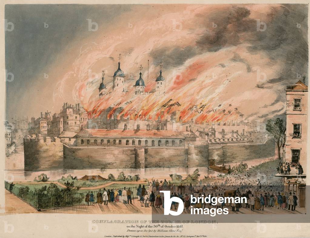 Tower of London Fire, 1841 (coloured engraving)