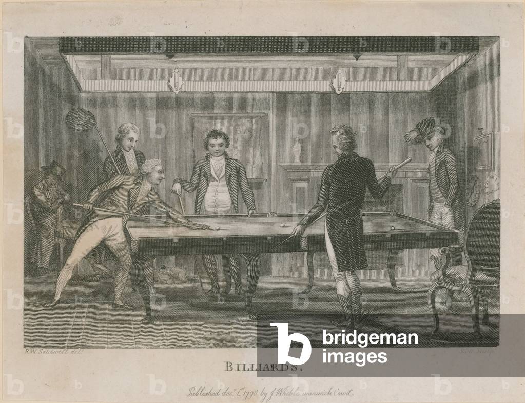 Illustration depicting a group of men playing billiards (engraving)
