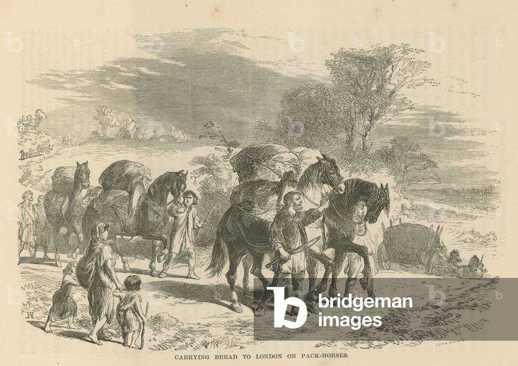 Carrying bread to London on pack horses (engraving)