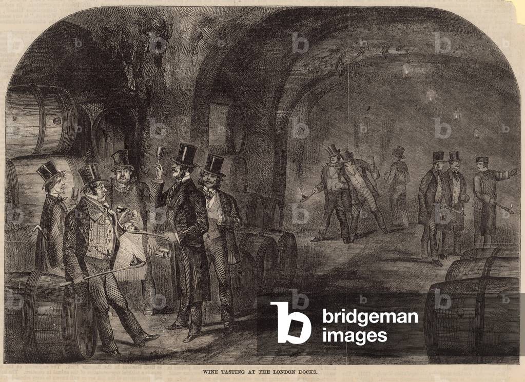 Wine tasting at the London Docks (engraving)