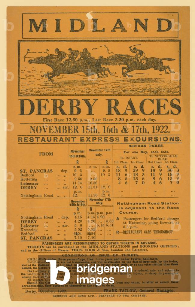 Advert for railway excursion to Midland Derby Races, 15-17 November 1922 (engraving)