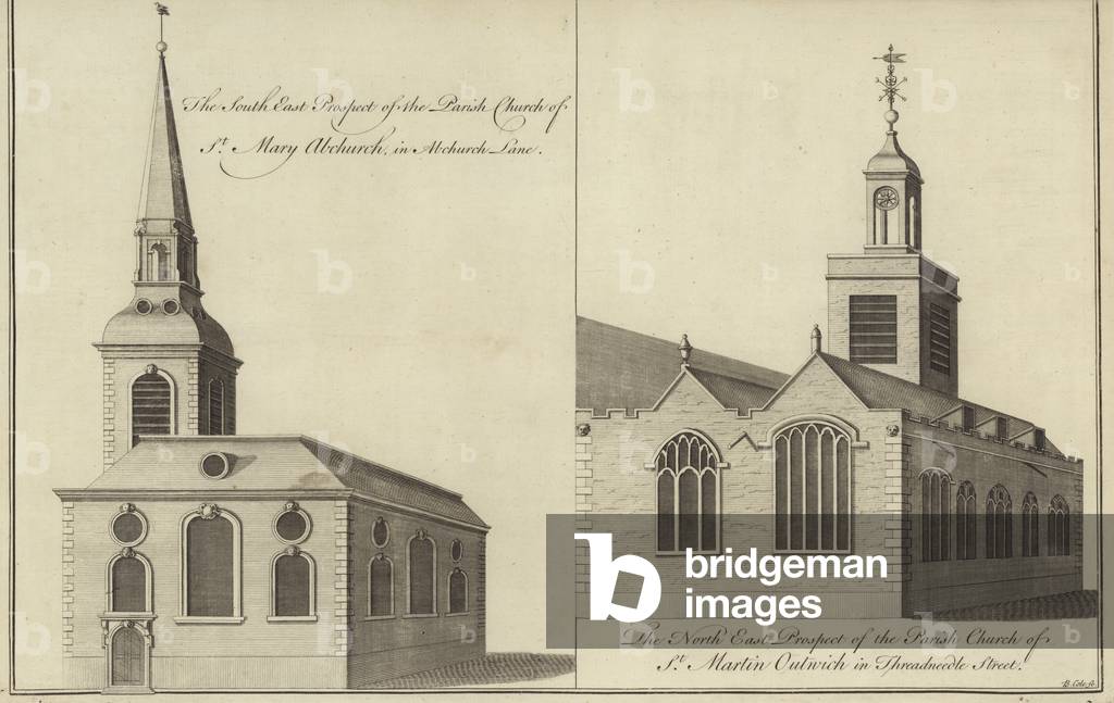 Church of St Mary Abchurch, Abchurch Lane and Church of St Martin Outwich in Threadneedle Street, London (engraving)
