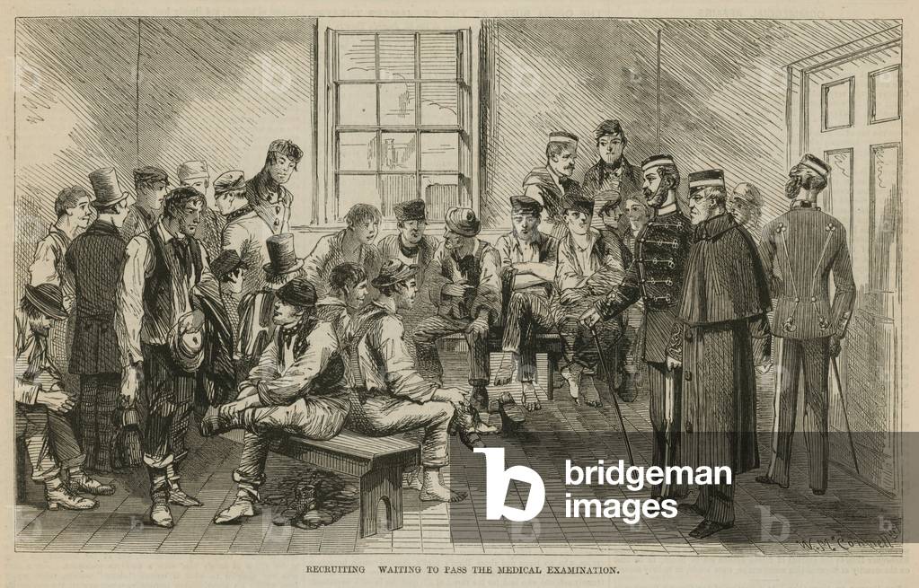 Recruiting: Waiting to pass the medical examination (engraving)