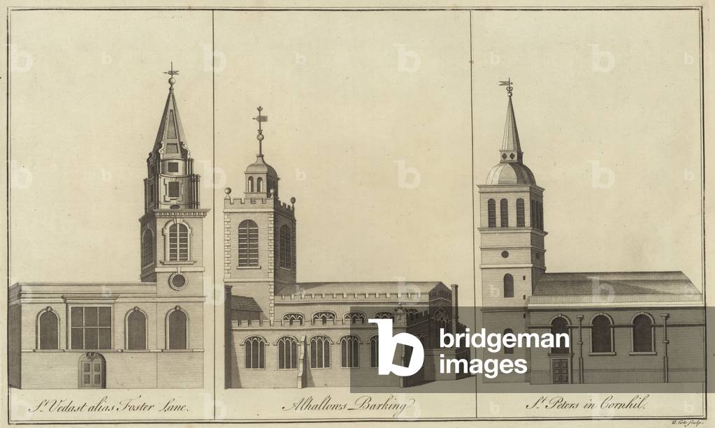 Churches of St Vedast, Foster Lane, Allhallows, Barking and St Peter in Cornhill, London (engraving)