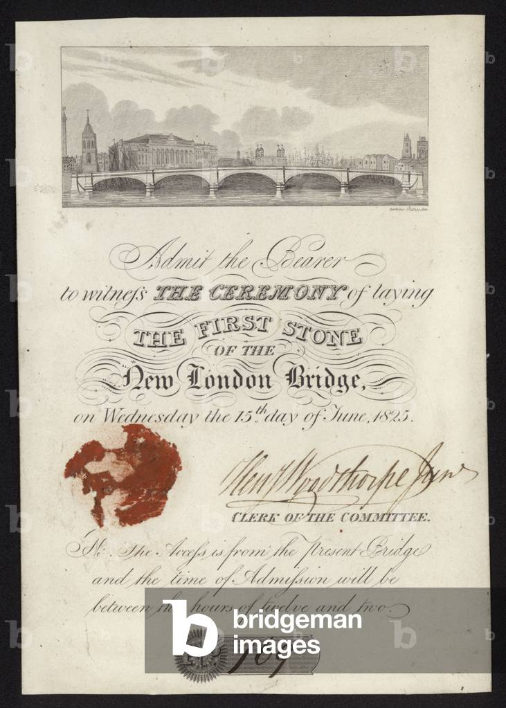 Ticket to the ceremony of laying the first stone of the new London Bridge, 1825 (litho)