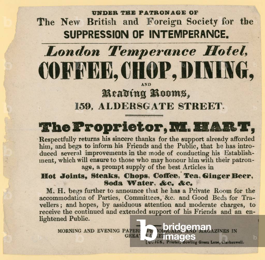 Advert for the London Temperance Hotel, under the patronage of the New British and Foreign Society for the Suppression of Intemperance (engraving)