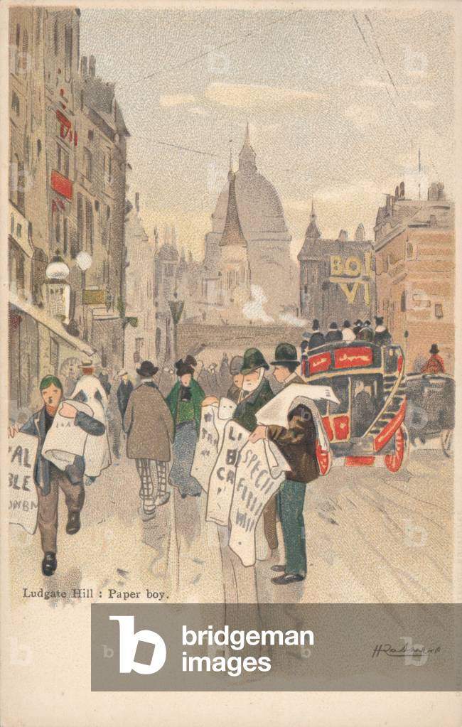 Ludgate Hill, London, paper boy (chromolitho)