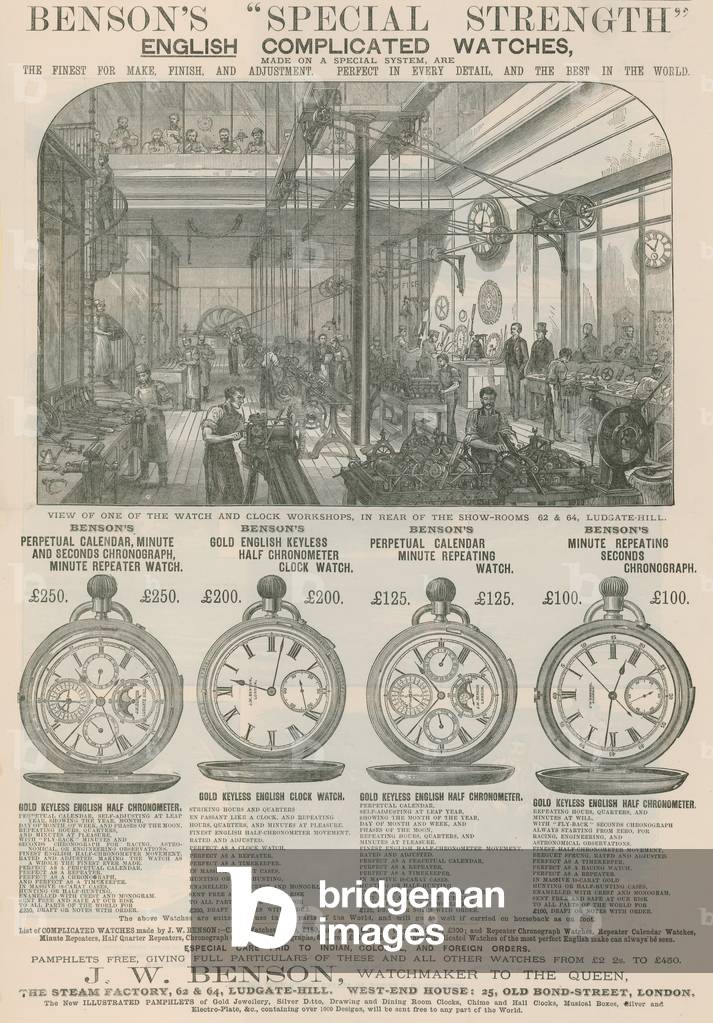 Advert for Benson's Special Strength English Complicated Watches (engraving)