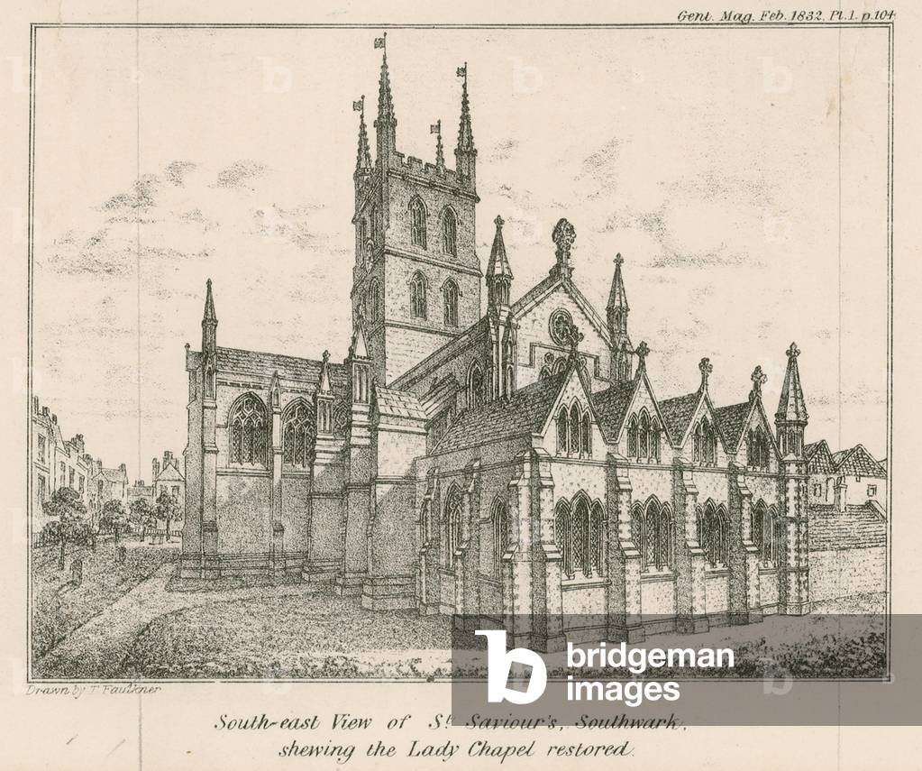 South east view of St Saviour's Church, Southwark, showing the Lady Chapel restored (engraving)