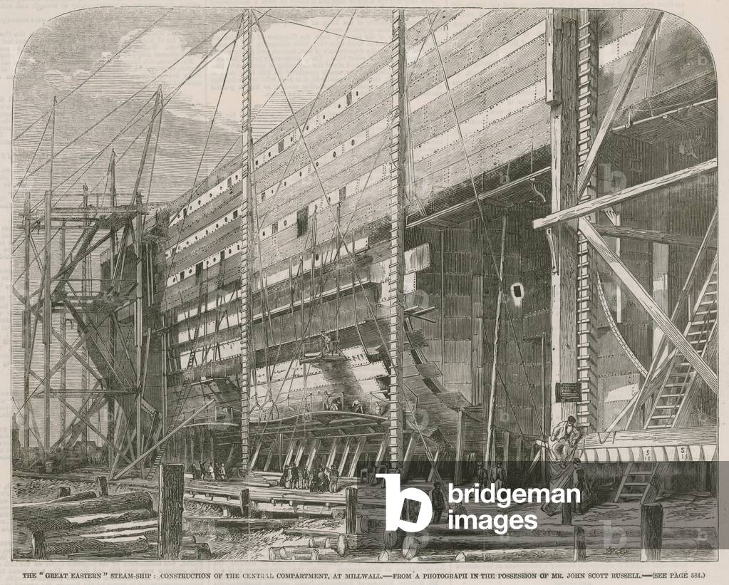 The Great Eastern steam ship; Construction of the central compartment at Millwall (engraving)