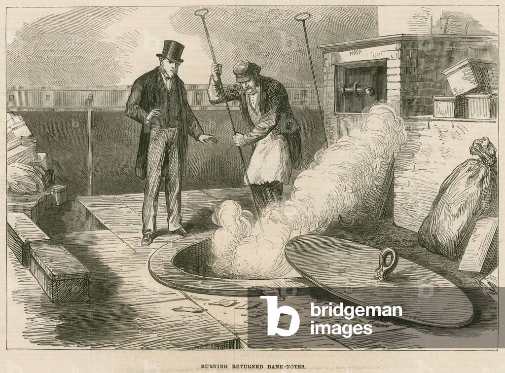 Bank of England, burning returned bank notes (engraving)
