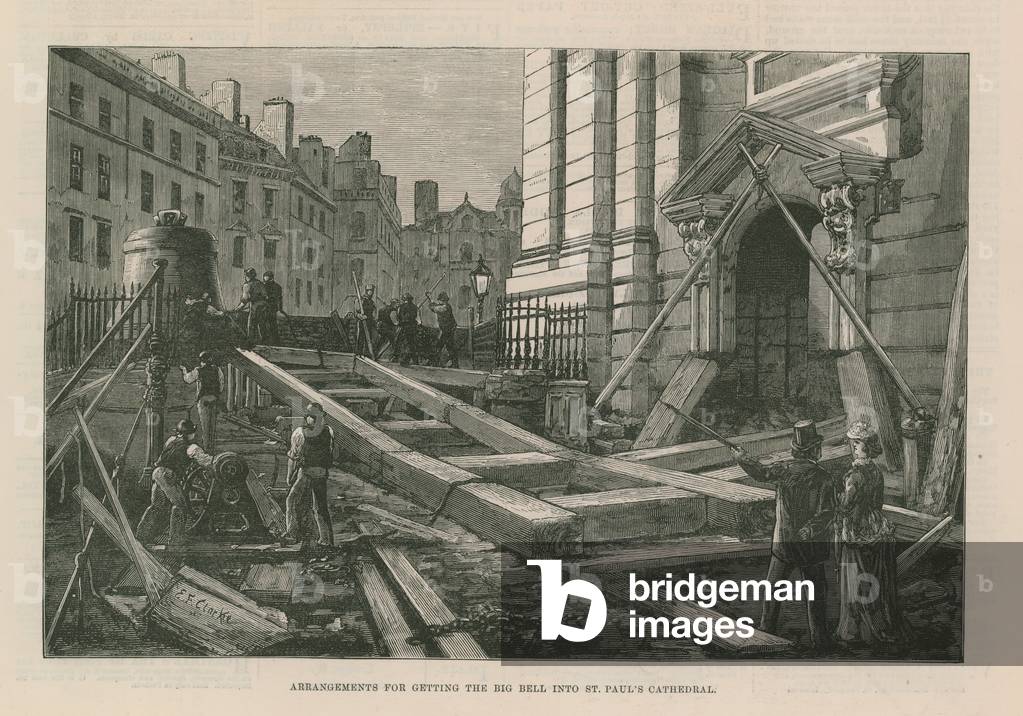 Arrangements for getting the big bell into St Paul's Cathedral (engraving)