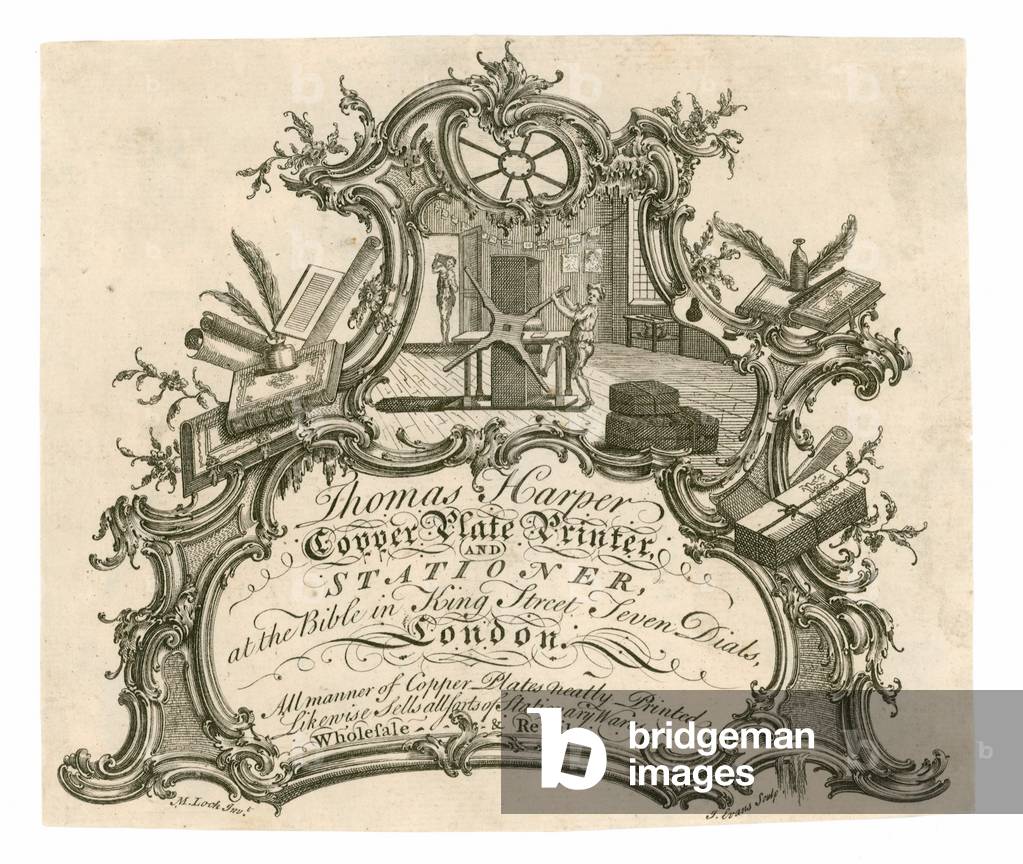 Trade card for Thomas Harper, copper plate printer and stationer (engraving)