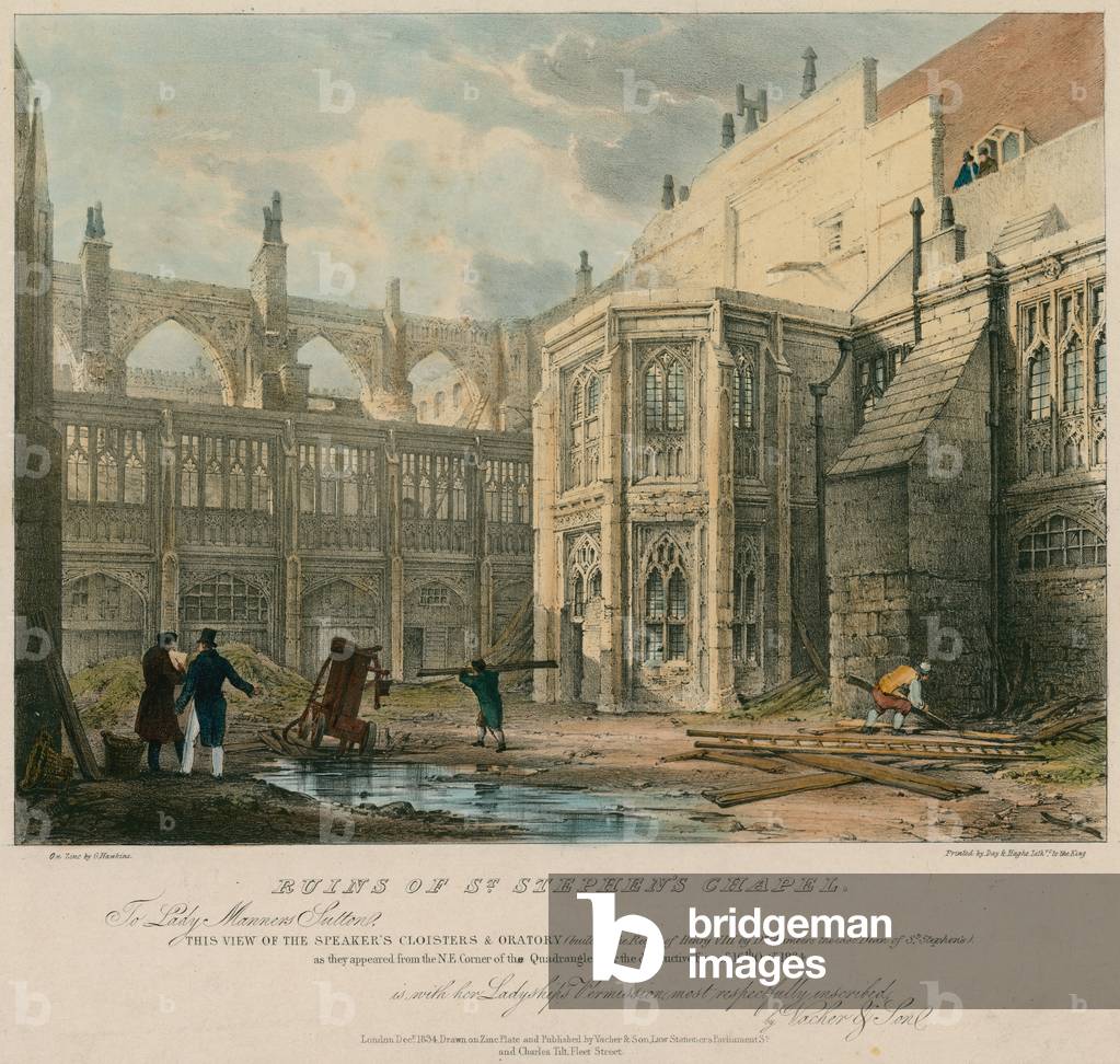 Ruins of St Stephen's Chapel after the destructive fire of 16 October 1834 (coloured engraving)