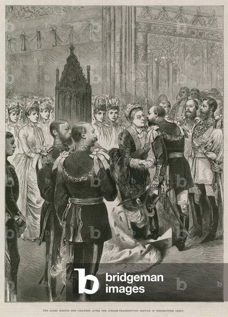 Queen Victoria kissing her children (engraving)