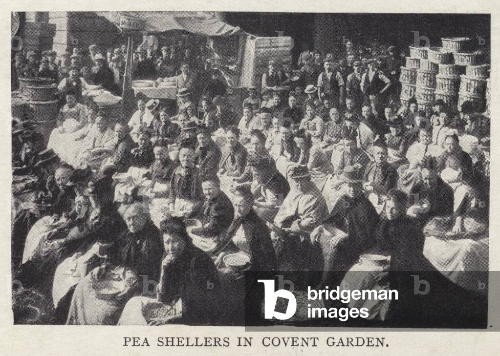 Pea shellers in Covent Garden, London (b/w photo)