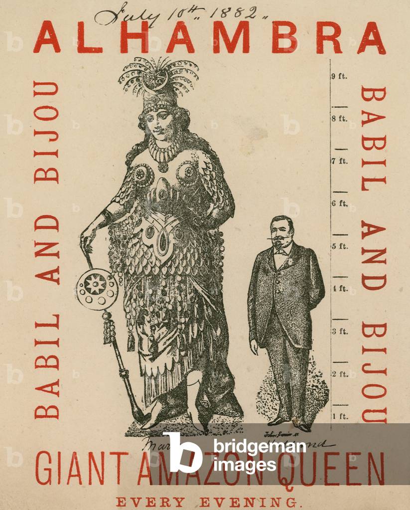 Advertisement for the Royal Alhambra Theatre, featuring Babil and Bijou, Giant Amazon Queen (engraving)